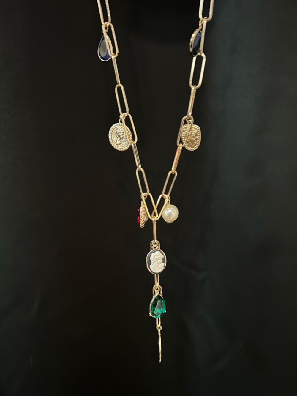 25” + 3” Massini Gold Multi-Charm Necklace with jeweled, cameo and coin charms